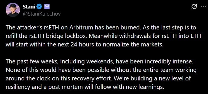 Ether Withdrawals to Resume Following KelpDAO and Aave’s Coordinated Token Burn