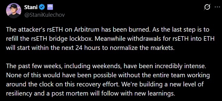 Ether Withdrawals to Resume Following KelpDAO and Aave’s Coordinated Token Burn Ether Withdrawals to Resume Following KelpDAO and Aave’s Coordinated Token Burn