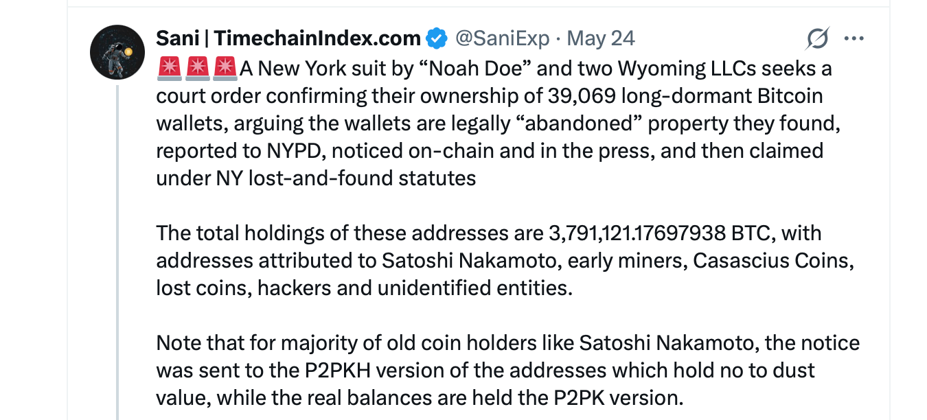 Anonymous Plaintiff Claims $293B Bitcoin Haul, Targets Satoshi's Dormant Wallets in NY Court Case Sani X post on May 28.