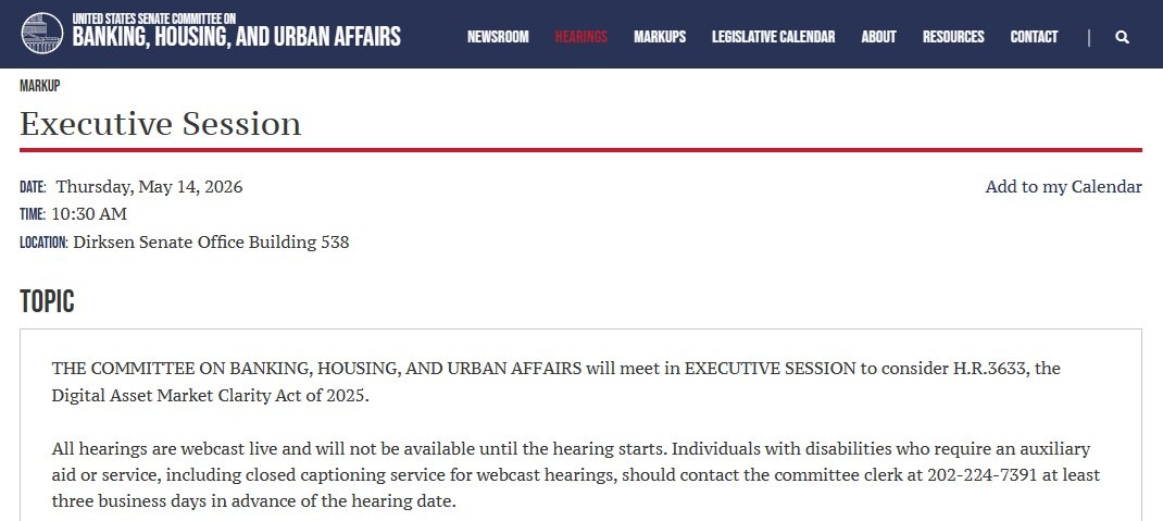 CLARITY Act Markup: Senate Banking Sets May 14 Crypto Rules Session CLARITY Act Markup: Senate Banking Sets May 14 Crypto Rules Session