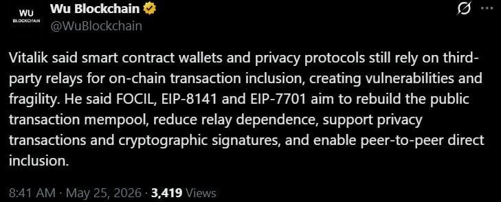 Vitalik Warns Ethereum’s Smart Wallets Have a ‘Relay’ Problem Ahead of Major Upgrade