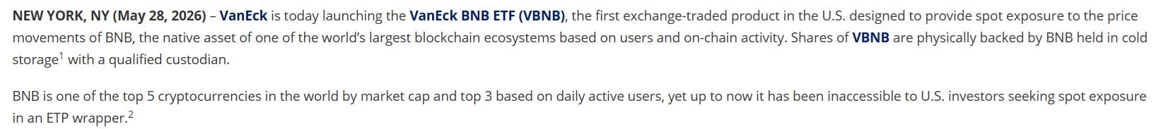 Wall Street Embraces Binance as Vaneck Launches First US Spot BNB ETF
