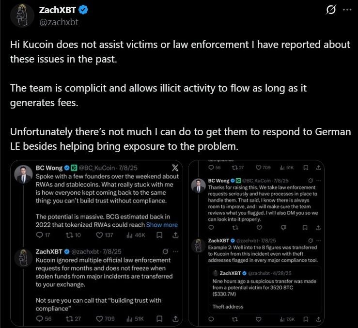 ZachXBT Accuses Kucoin of Shielding $13M in Stolen Crypto From German Investigators