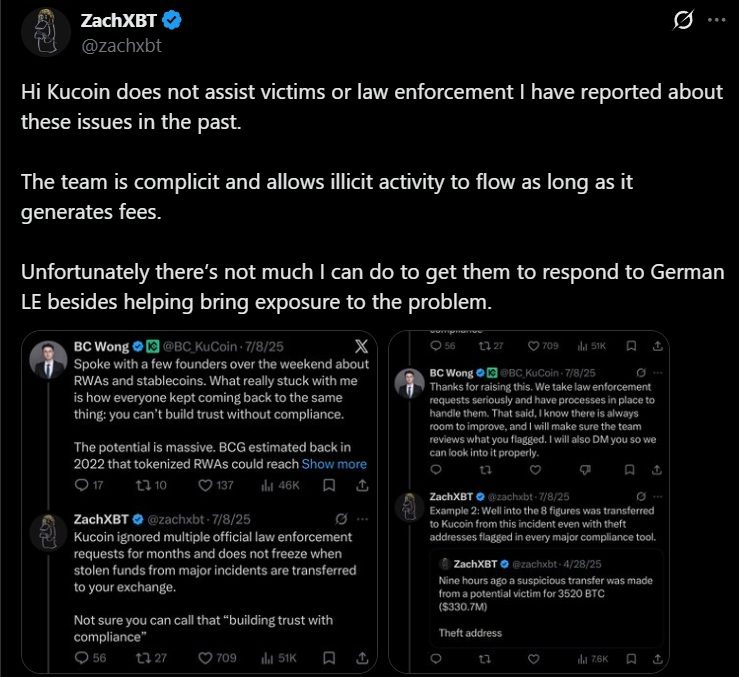ZachXBT Accuses Kucoin of Shielding $13M in Stolen Crypto From German Investigators ZachXBT Accuses Kucoin of Shielding $13M in Stolen Crypto From German Investigators