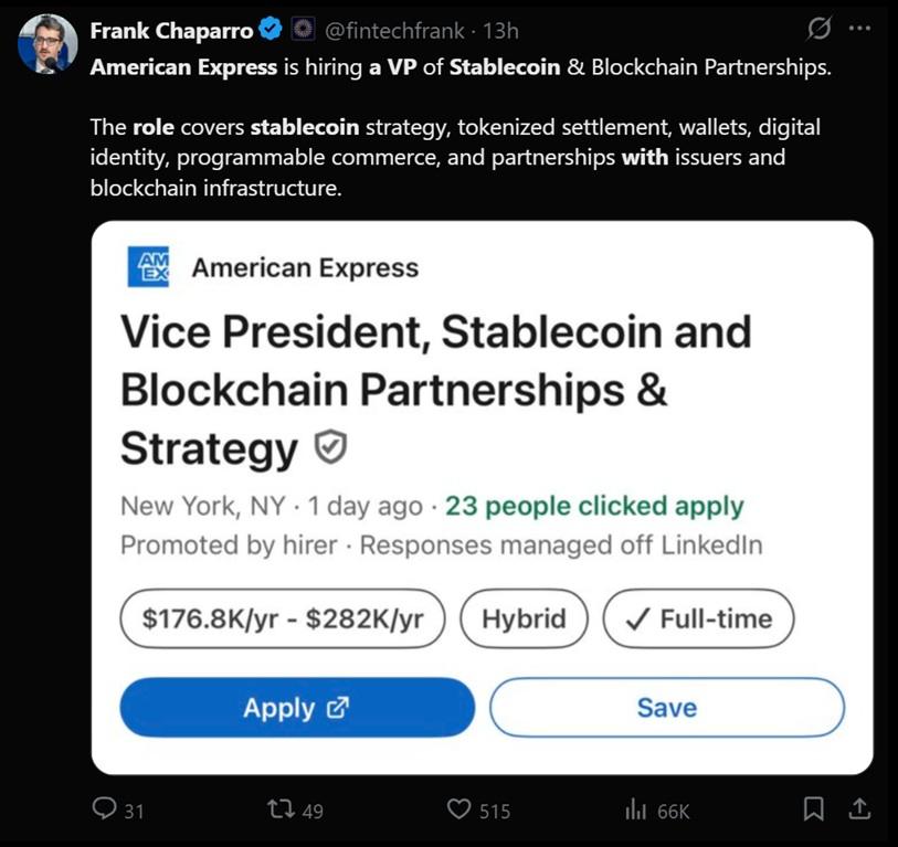 Tweet discussing AMEX's plans to build a stablecoin team.