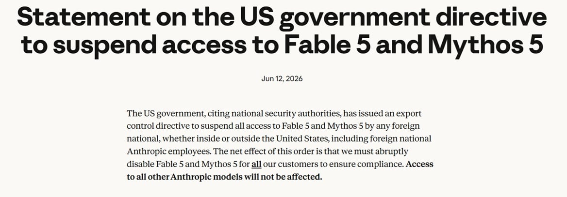 Statement from Anthropic regarding the recent suspension of its Fable 5 model.