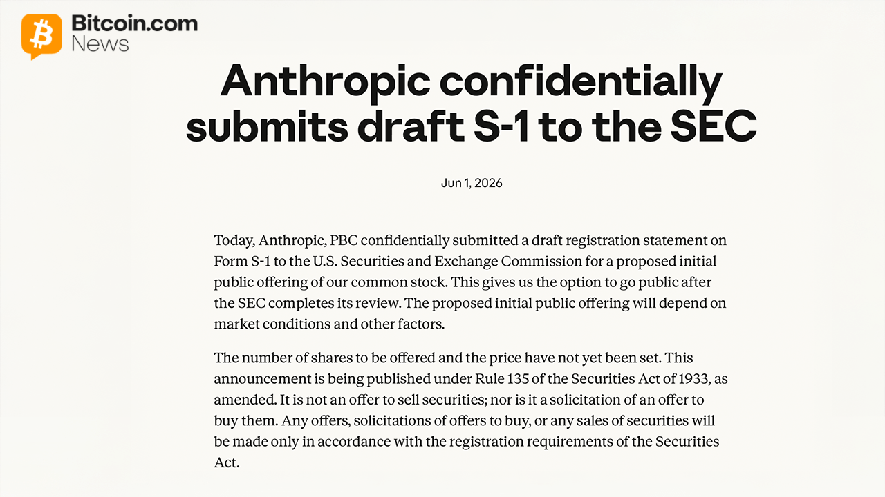 Anthropic Files Confidential S-1 With SEC, Targets IPO at 5B Valuation – Bitcoin News Anthropic Files Confidential S-1 With SEC, Targets IPO at 5B Valuation – Bitcoin News