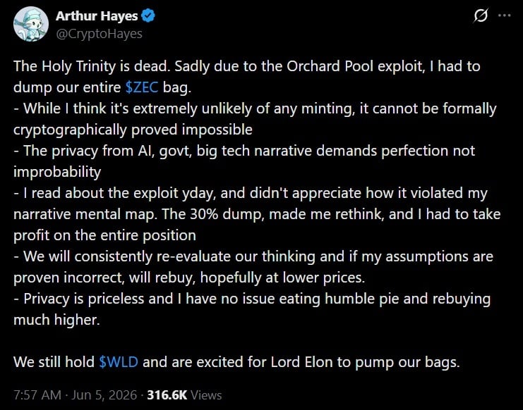 Tweet discussing Arhtur Hayes' ZEC liquidation