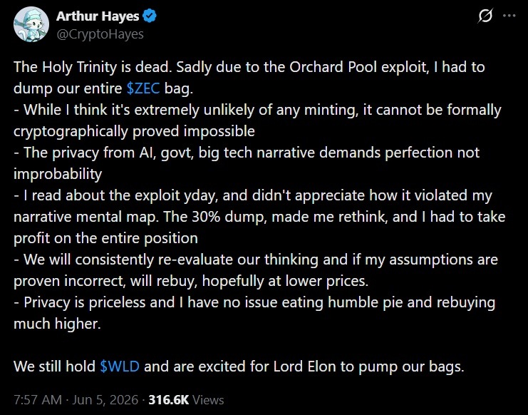 Tweet discussing Arhtur Hayes' ZEC liquidation
