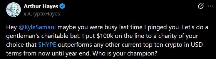Arthur Hayes' Bet on HYPE Reaching $100k by Year End. 
