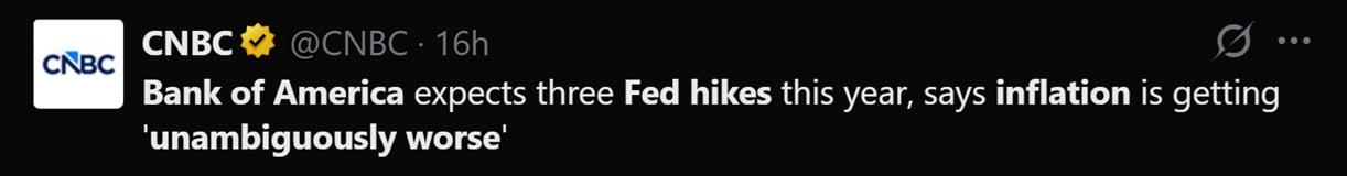 Tweet discussing Bank of America's prediction of three inflation hikes in 2026.