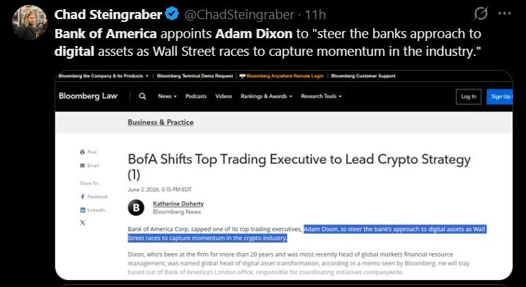 Tweet discussing Adam Dixon's appointment by the Bank of America
