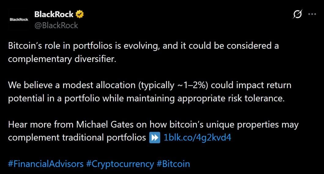 Tweet discussing Blackrock's recent endorsement of Bitcoin in standard portfolios.