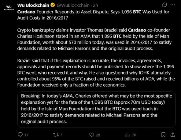 Tweet discussing Cardano's 2016 BTC sale.