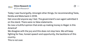 « Le jury s'est trompé » : Andrew Left de Citron reconnu coupable de fraude en valeurs mobilières Un post X de Citron Research suite au verdict.