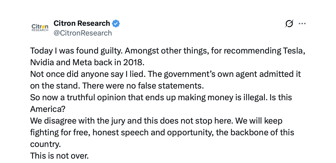 'The Jury Got It Wrong': Citron's Andrew Left Convicted of Securities Fraud An X post from Citron Research following the verdict.