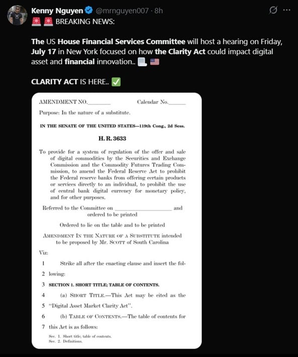 Tweet discussing CLARITY act's upcoming July 17 hearing.