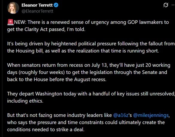 Tweet discussing GOP's push to greenlight Clarity act before August end.