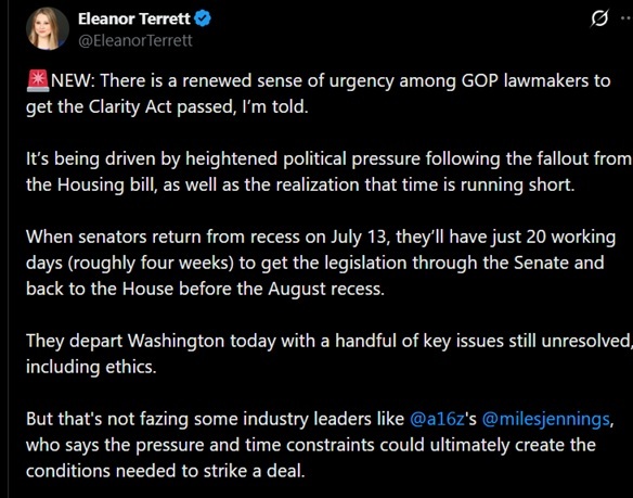 Tweet discussing GOP's push to greenlight Clarity act before August end.