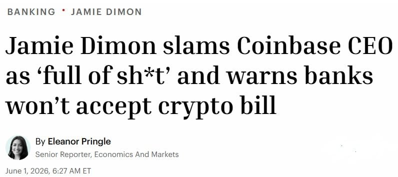 Headline discussing Jamie Dimon's comments towards Brian Armstrong