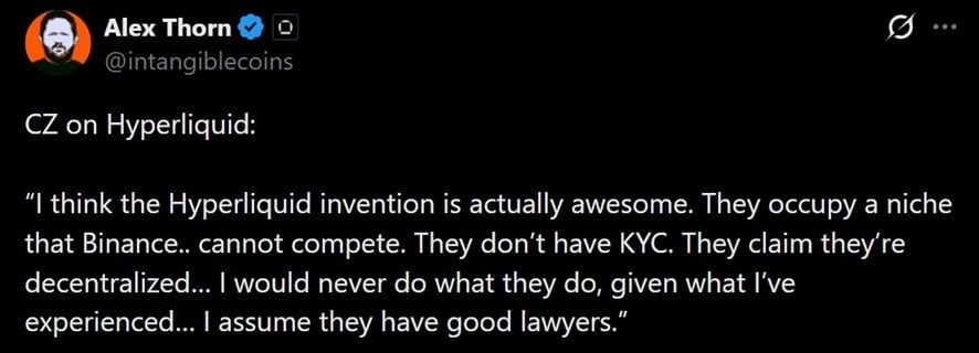 Tweet discussing CZ's comments on Hyperliquid during a recent podcast appearance.
