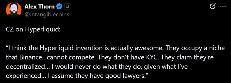 Tweet discussing CZ's comments on Hyperliquid during a recent podcast appearance.