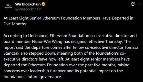 Tweet discussing Ethereum Foundation's recent leadership exodus.