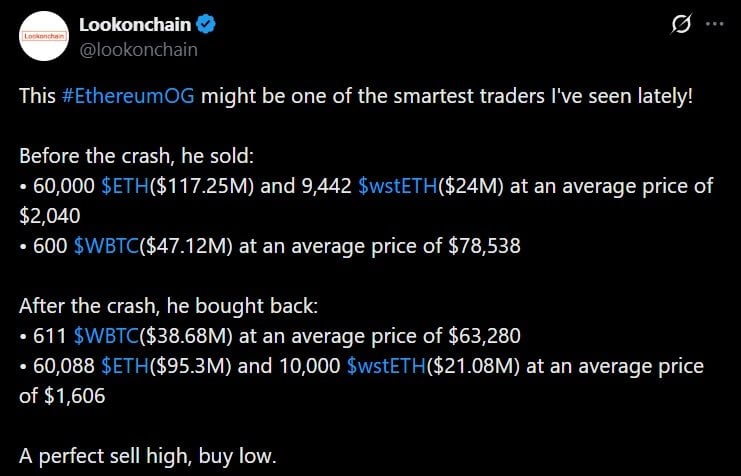 Tweet discussing Ethereum OG's recent profit taking traders.