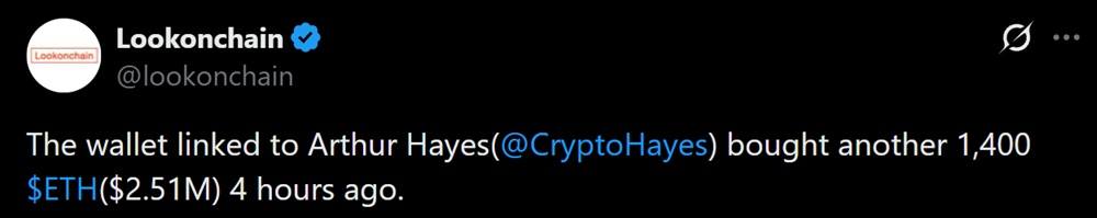 Ethereum Whales Load Up: Arthur Hayes-Linked Wallet and 'Geministar' Scoop up Tens of Millions in ETH