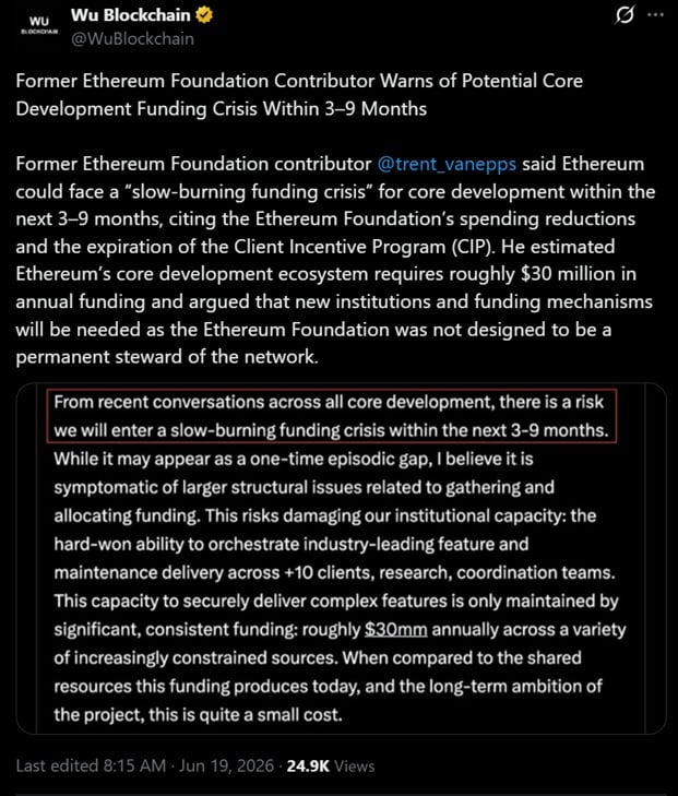 Tweet discussing a warning from former ETH Foundation core about fund shortage.