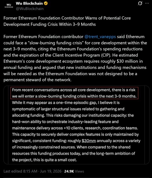 Tweet discussing a warning from former ETH Foundation core about fund shortage.