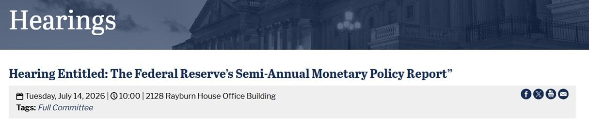 Announcement regarding Fed Chair Kevin Warsh's upcoming congress appearance. 