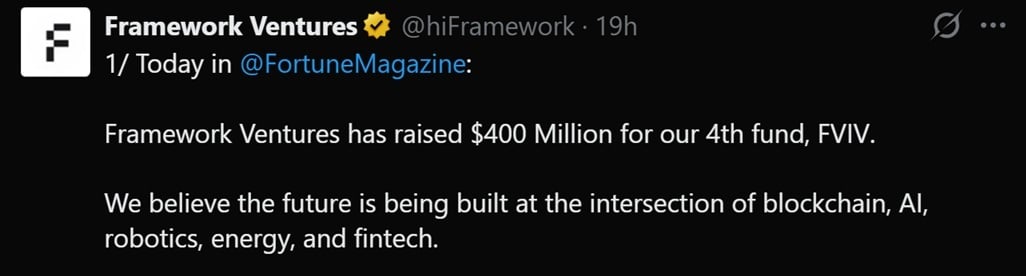 Tweet discussing Framework Ventures' latest $400 million capital raise.