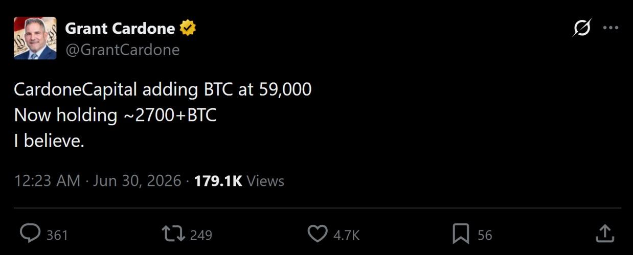 Tweet discussing Cardone's recent Bitcoin accumulation efforts.