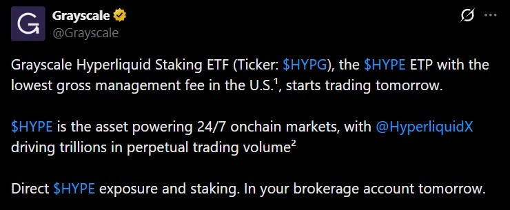 Tweet from Grayscale discussing its HYPE ETF launch