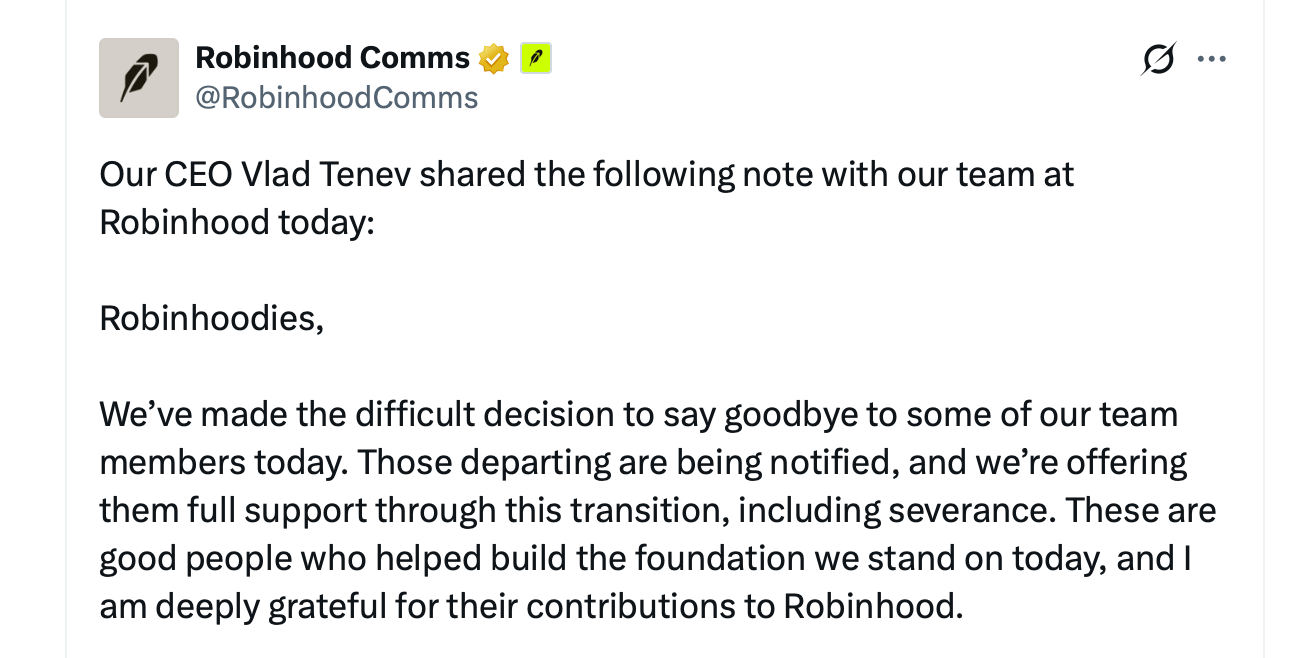Robinhood Cuts 290 Jobs at Record Volume, HOOD Shares Jump 5% Robinhood letter shared on X.