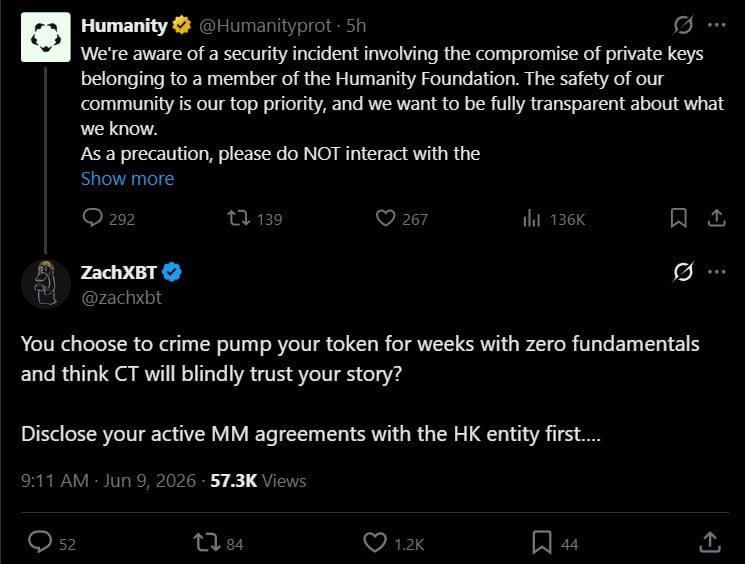 ZachXBT tweet discussing Humanity's involvement in its own exploit.