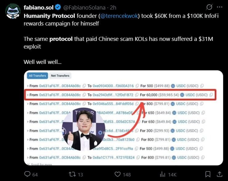 Tweet discussing the $30 million Humanity Protocol exploit.