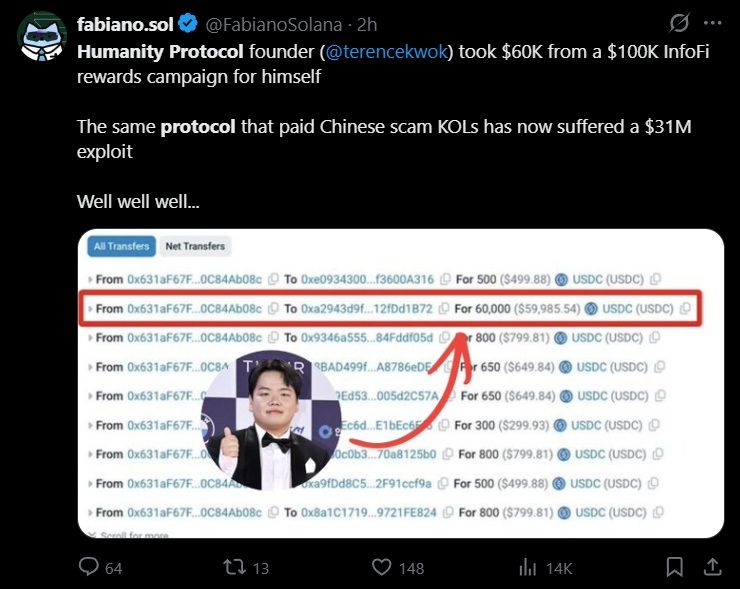 Tweet discussing the $30 million Humanity Protocol exploit.