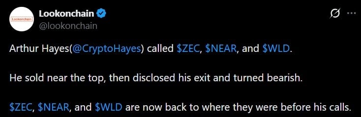 Tweet discussing Arthur Hayes' recent token offloads.