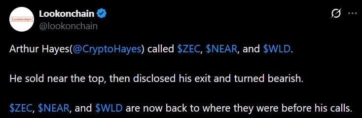 Tweet discussing Arthur Hayes' recent token offloads.