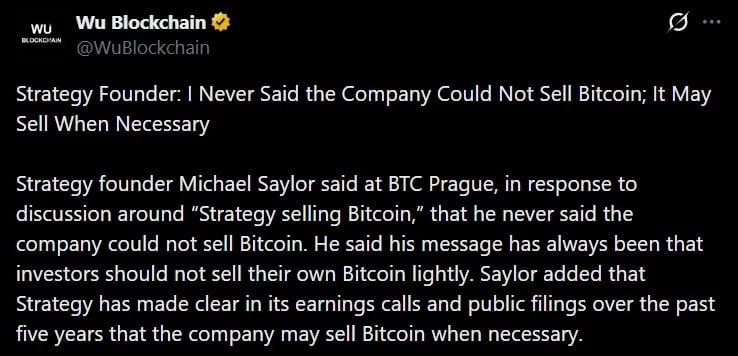 Tweet discussing Strategy's BTC sell plans.