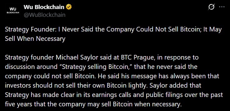 Tweet discussing Strategy's BTC sell plans.