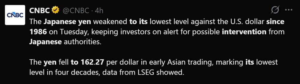 Tweet discussing the Yen's recent value slide.