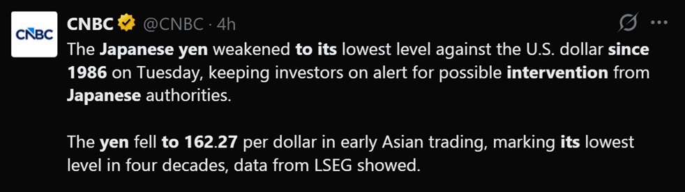 Tweet discussing the Yen's recent value slide.