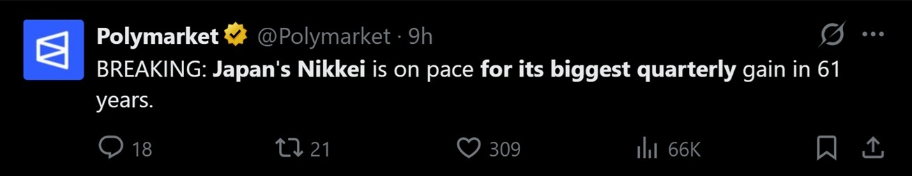 Tweet discussing Nikkei's massive quarterly surge.
