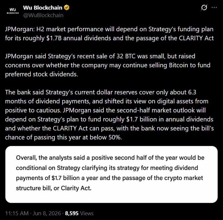 Tweet discussing JP Morgan's views on Strategy's recent BTC offloading activities.