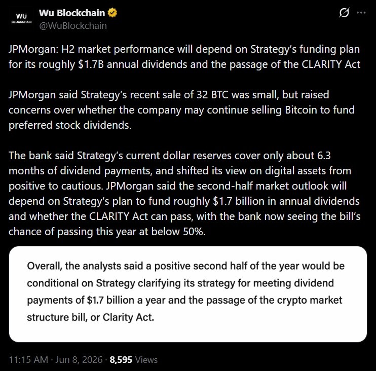 Tweet discussing JP Morgan's views on Strategy's recent BTC offloading activities.