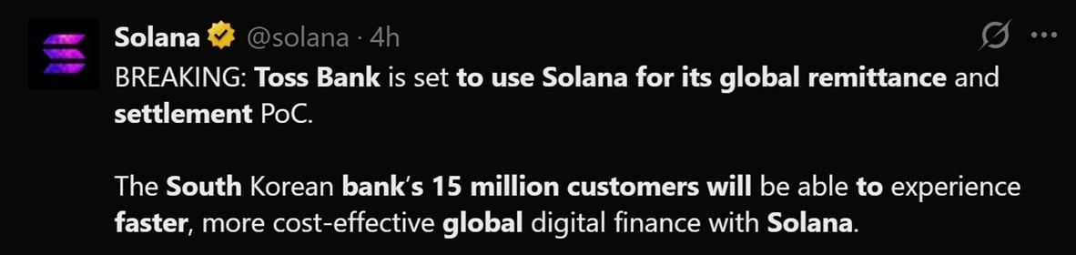 Tweet discussing Toss' utilization of the Solana network for its cross border remmitances. 