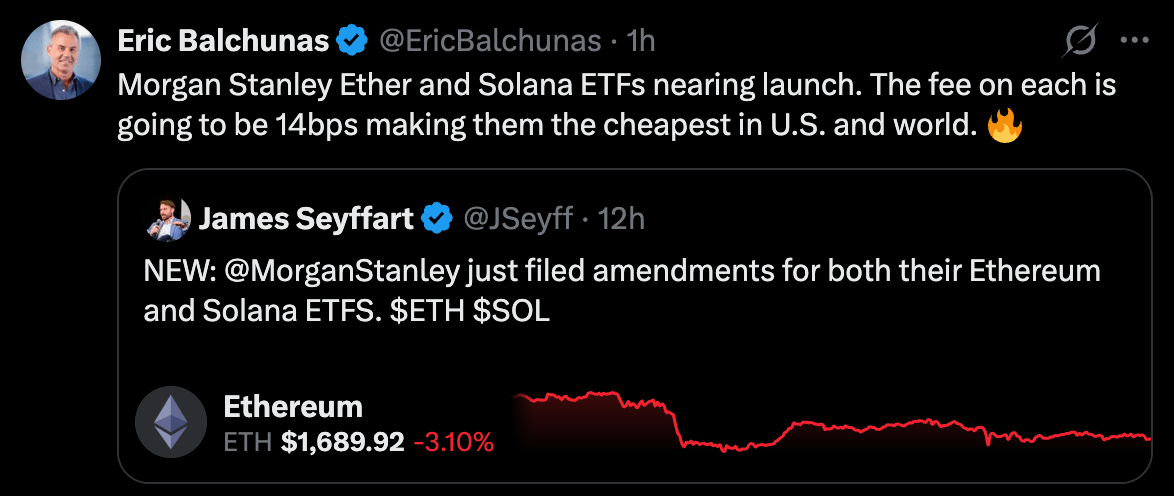 Morgan Stanley Sets 0.14% Fee on Amended Ethereum and Solana ETFs Filing